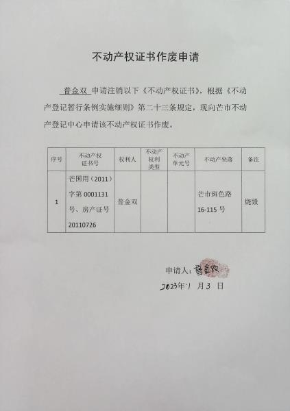 不动产权证书作废公告（普金双）