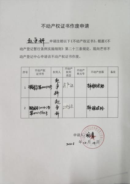 不动产权证书作废公告（赵争妍）