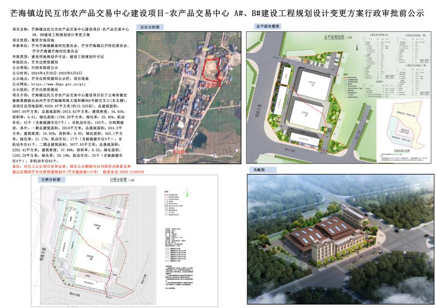 芒海镇边民互市农产品交易中心建设项目-农产品交易中心A#、B#建设工程规划设计变更方案行政审批前公示2024.04.30-2024.05.06