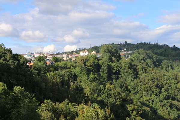 远眺坐落山顶的乡集镇